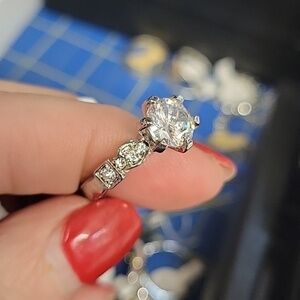 Rhinestone Faux Diamond Cocktail Silver Ring 1 Solitaire 2 each side